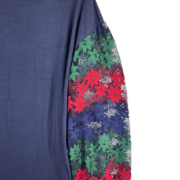 UMGEE Blouse/Shirt/Top Sz Large Navy Blue Floral Lace Balloon Sleeves Red Green - Picture 4 of 8
